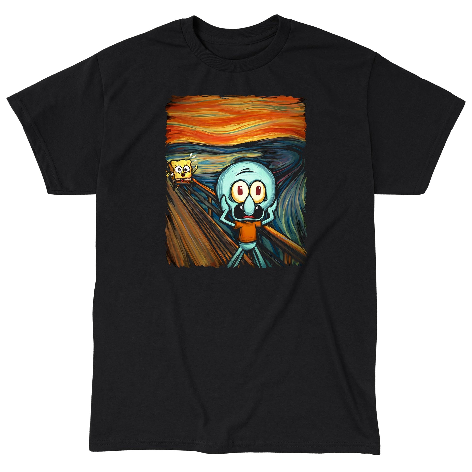 Classic Cotton T-shirt_TeeTurtle black The Scream apparel featuring a screaming Squidward with SpongeBob running towards him in the background done in a style reminiscent of the painting The Scream.