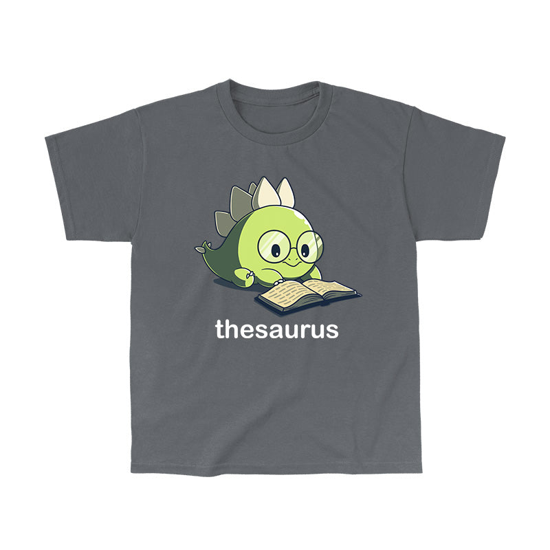 Classic Cotton T-shirt_TeeTurtle Thesaurus charcoal gray t-shirt featuring a cute green dinosaur with glasses reading an open book. Below it, the word "thesaurus" is written.