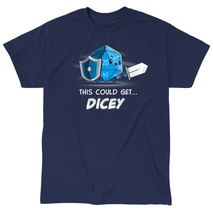 Classic Cotton T-shirt_TeeTurtle This Could Get Dicey navy blue t-shirt featuring a blue anthropomorphic 20-sided dice holding a shield and sword. The text below reads, "This Could Get Dicey." 