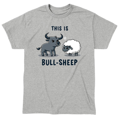 Classic Cotton T-shirt_TeeTurtle This Is Bull-Sheep heather gray t-shirt featuring a cartoon image with a bull and a sheep standing next to each other, both frowning. Text above reads "This is" and below reads "Bull-Sheep." 