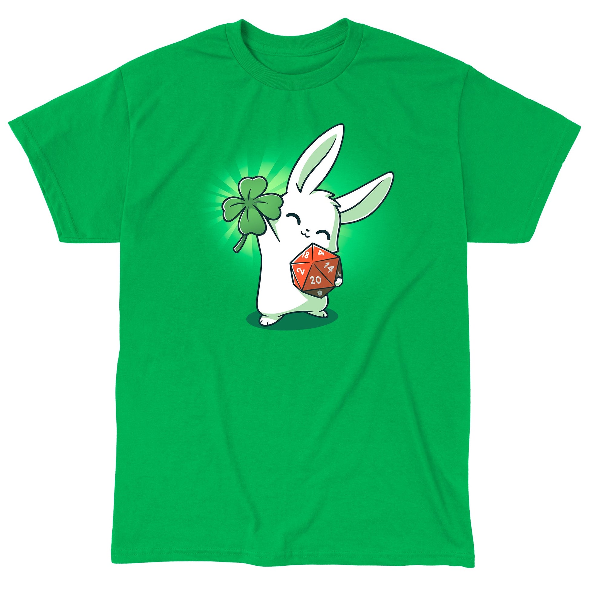 Classic Cotton T-shirt_Teeturtle This is My Lucky Shirt Irish green  t-shirt featuring a white rabbit smiling with its' eyes closed holding up a four leaf clover in one paw while gripping a D20 dice in the other.