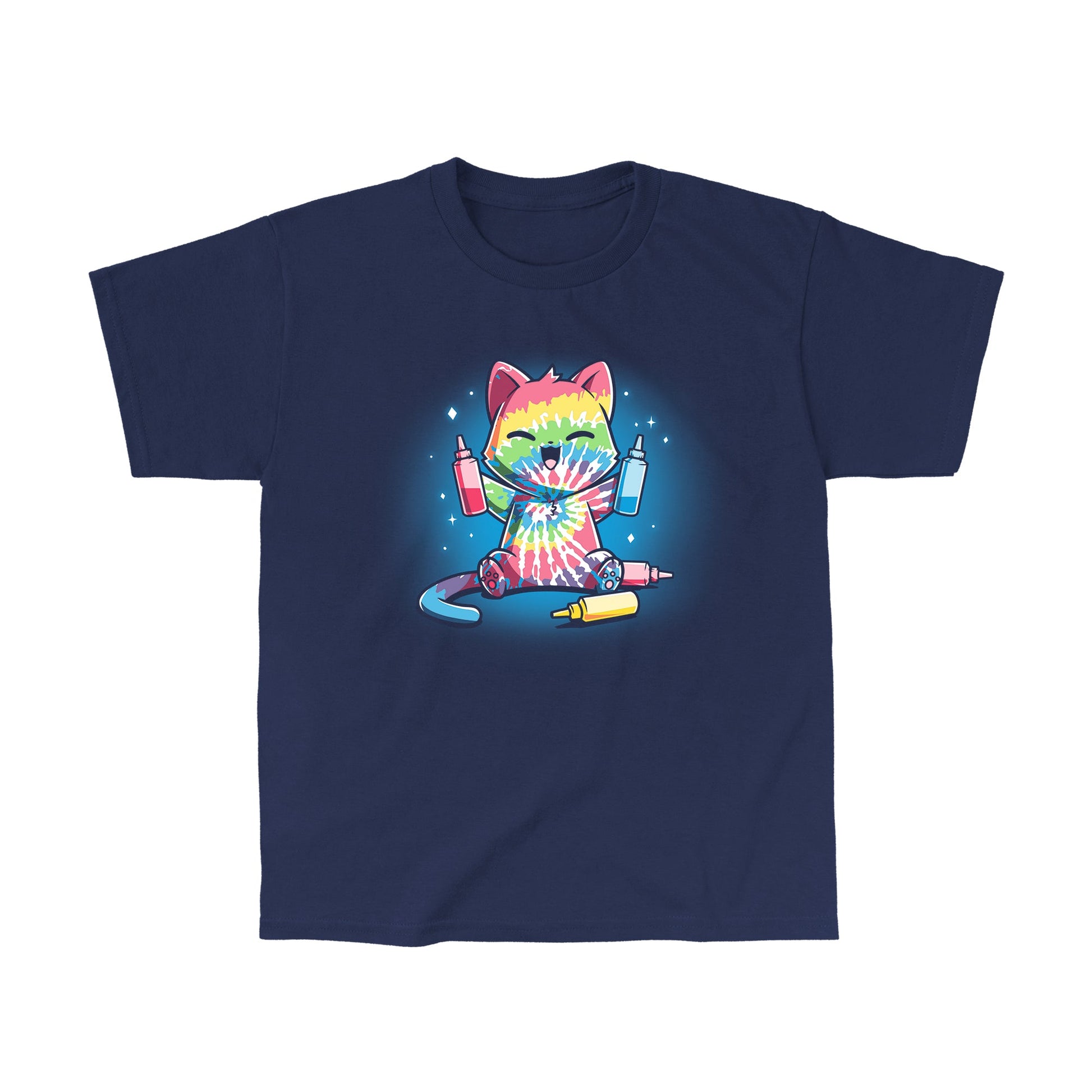 Classic Cotton T-shirt_TeeTurtle navy blue Tie-Dye Cat. Featuring a cat that's dyed itself in a tie-dye pattern.