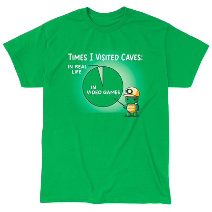 Classic Cotton T-shirt_Teeturtle Times I Visited Caves Irish green t-shirt featuring a cute turtle in a miner's helmet pointing to a pie chart reading 'Times I Visited Caves' with 'In Real Life' as a small part of the chart and 'In Video Games' as the much larger part of the chart.