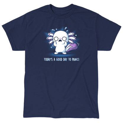 Classic Cotton T-shirt_TeeTurtle Today's a Good Day to Panic! navy blue shirt featuring an anxious axolotl with a panicked expression, standing with its hands up and sweating.