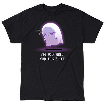 Classic Cotton T-shirt_TeeTurtle I'm Too Tired For This Sheet black t-shirt featuring a tired looking purple ghost