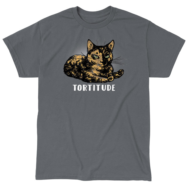 Classic Cotton T-shirt_TeeTurtle Tortitude. charcoal gray t-shirt featuring a tortoiseshell cat with its paws crossed smiling.