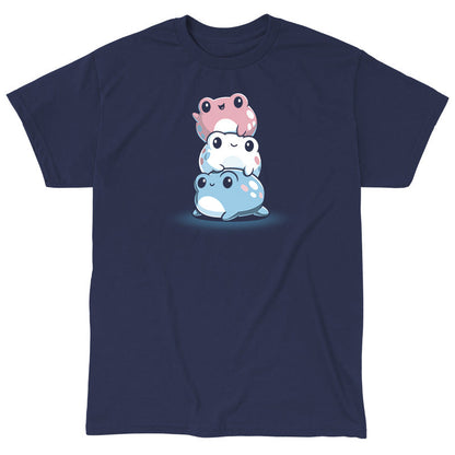 Classic Cotton T-shirt_TeeTurtle Trans Pride Frogs navy blue t-shirt featuring a pink frog waving on top, a white frog in the middle, and a light blue frog on the bottom all smiling and looking content.