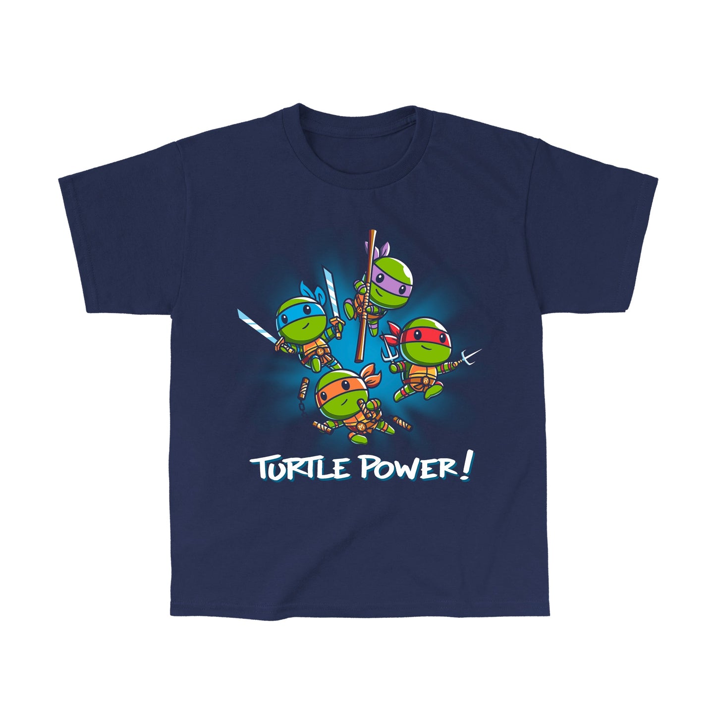 Classic Cotton T-shirt_TeeTurtle navy blue Turtle Power apparel featuring Raphael, Leonardo, Michaelangelo, and Donatello with weapons drawn in dynamic leaping poses.