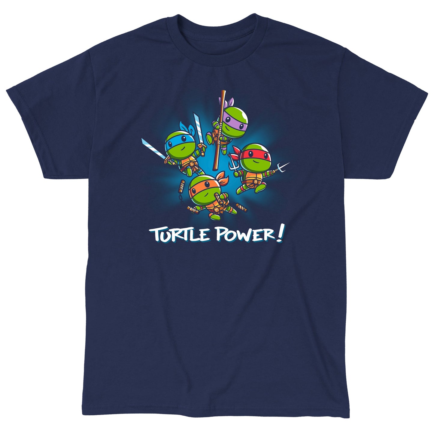 Classic Cotton T-shirt_TeeTurtle navy blue Turtle Power apparel featuring Raphael, Leonardo, Michaelangelo, and Donatello with weapons drawn in dynamic leaping poses.