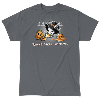 Classic Cotton T-shirt_TeeTurtle Turning Tricks Into Treats charcoal gray t-shirt featuring a cheerful bunny baking while wearing a witch's hat and surrounded by carved pumpkins and pumpkin pies.