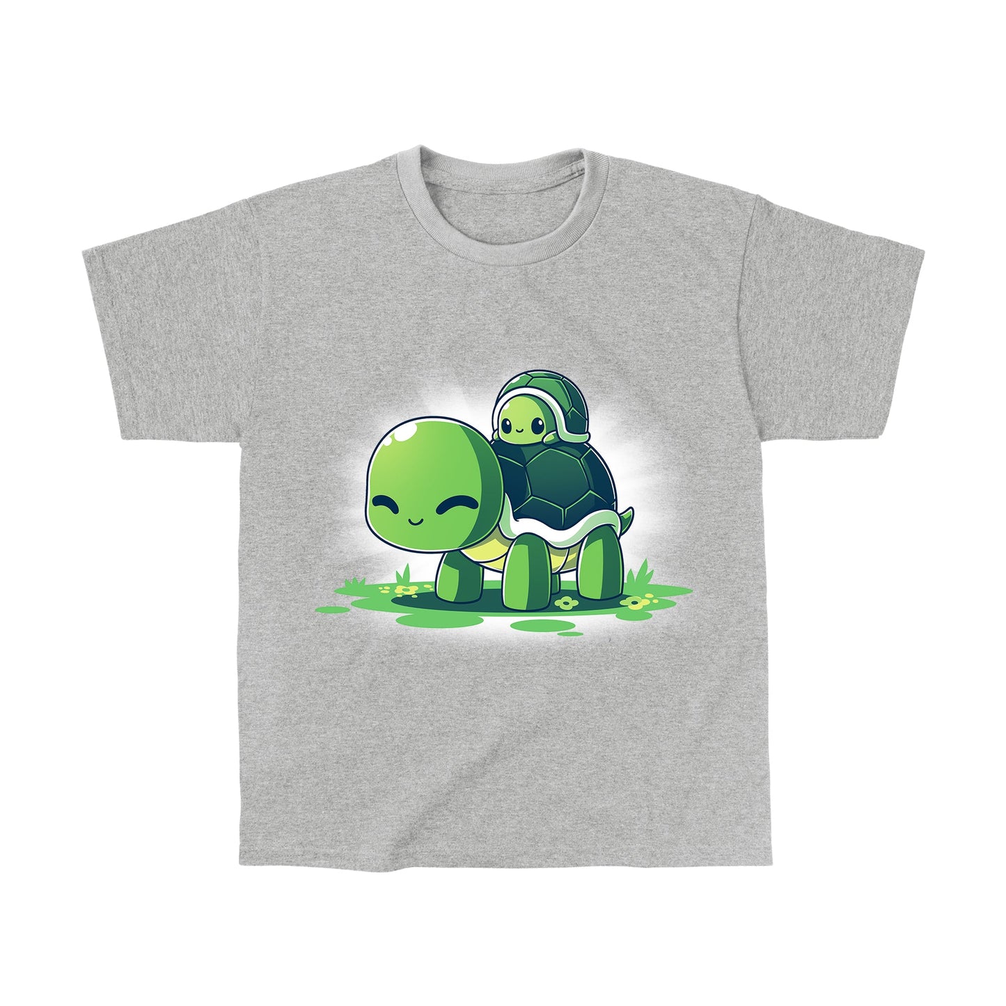 Classic Cotton T-shirt_TeeTurtle Turtleback Ride heather gray t-shirt featuring two smiling green turtles on top of grass and yellow flowers. The smaller turtle is on top of the larger turtle's shell. 