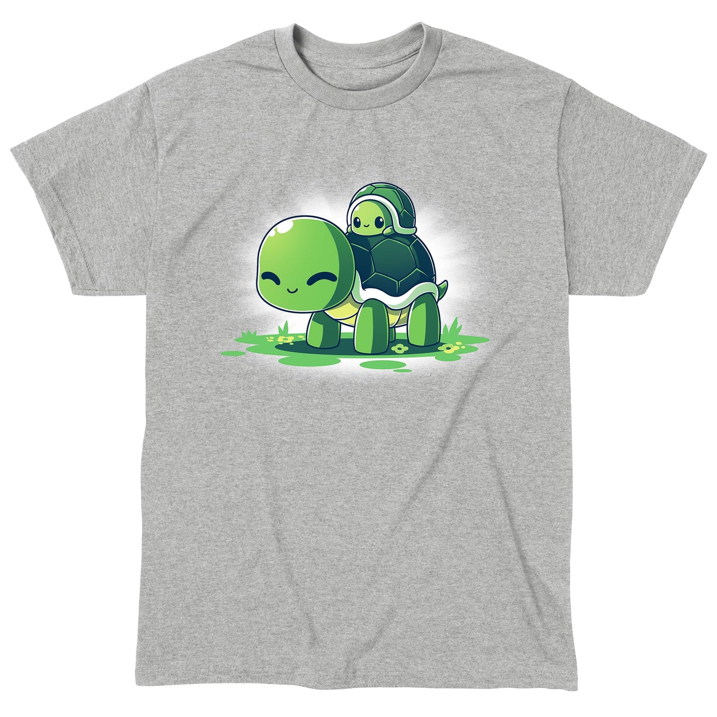 Classic Cotton T-shirt_TeeTurtle Turtleback Ride heather gray t-shirt featuring two smiling green turtles on top of grass and yellow flowers. The smaller turtle is on top of the larger turtle's shell. 