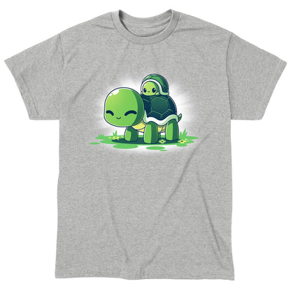 Classic Cotton T-shirt_TeeTurtle Turtleback Ride heather gray t-shirt featuring two smiling green turtles on top of grass and yellow flowers. The smaller turtle is on top of the larger turtle's shell. 