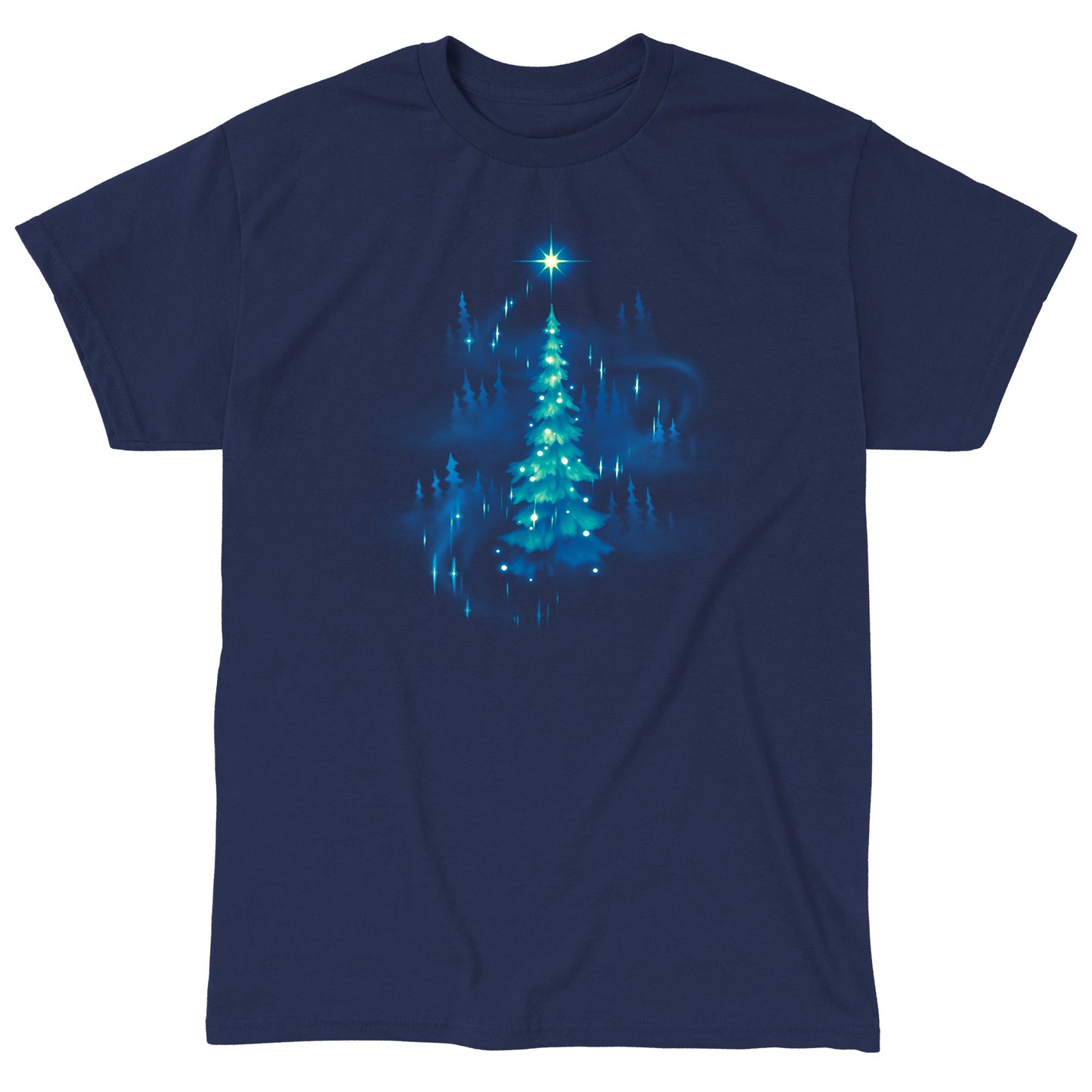 Classic Cotton T-shirt_TeeTurtle Twinkling Christmas Tree navy blue t-shirt featuring an artistic christmas tree with white sparkly lights surrounded by silhouettes of other trees and a star on top.