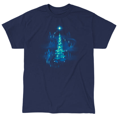 Classic Cotton T-shirt_TeeTurtle Twinkling Christmas Tree navy blue t-shirt featuring an artistic christmas tree with white sparkly lights surrounded by silhouettes of other trees and a star on top.