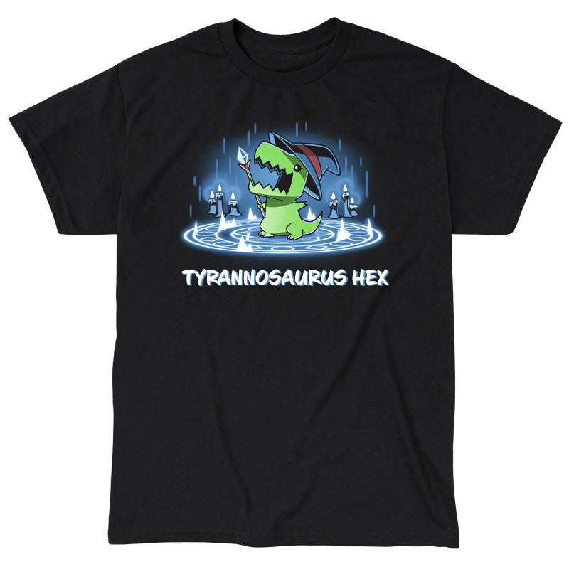 Classic Cotton T-shirt_TeeTurtle black Tyrannosaurus Hex. Featuring a t-rex wearing a witch hat with a wand inside a summoning pentagram.