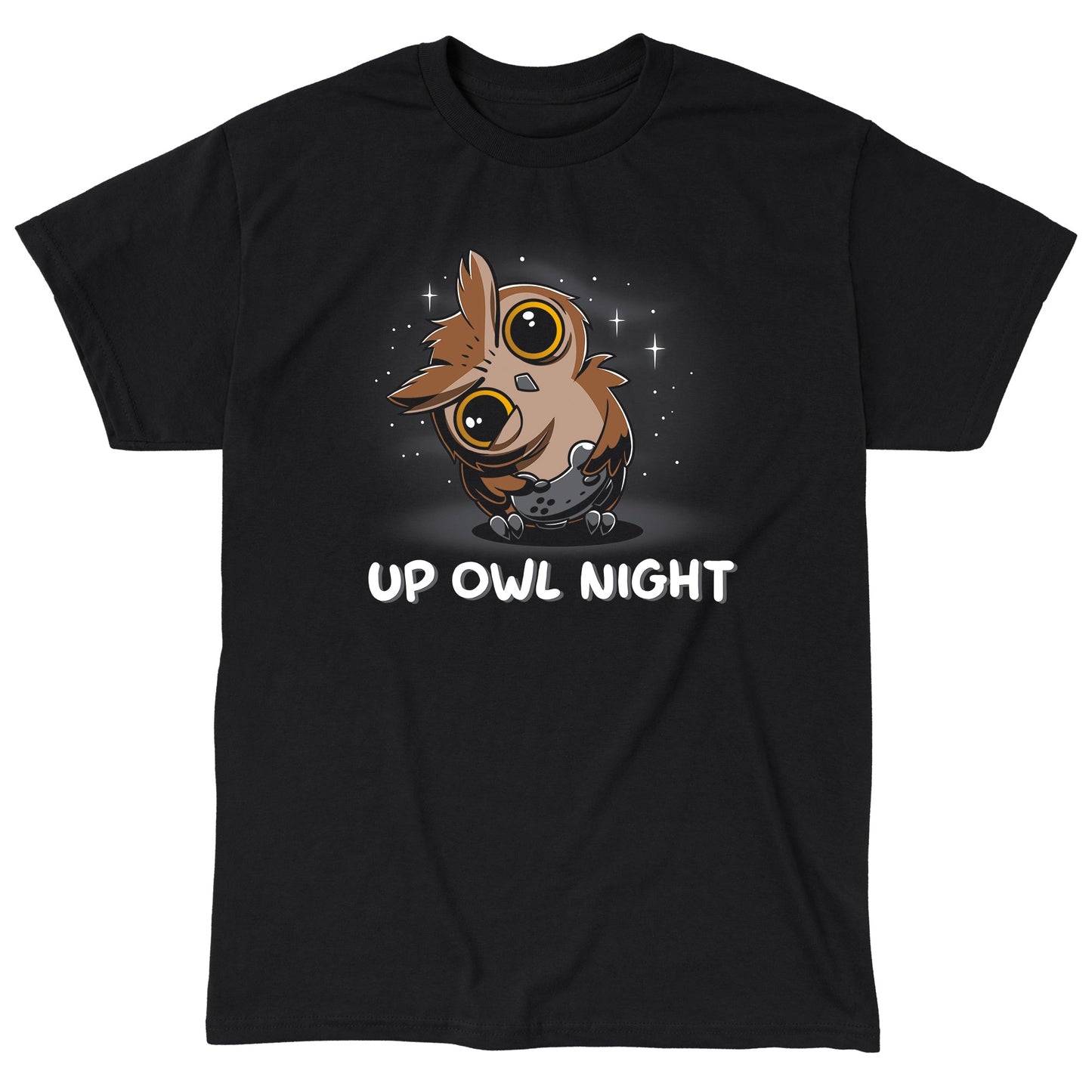 Classic Cotton T-shirt_TeeTurtle Up Owl Night black t-shirt featuring an owl with large eyes holding a video game controller.