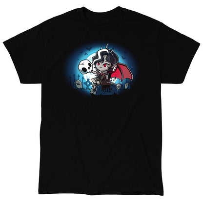 Classic Cotton T-shirt_TeeTurtle Vampire Princess black t-shirt featuring an illustration of a vampire princess with red bat wings and a pointed crown in a graveyard sitting on top of a tombstone that says RIP holding a white skull. The background shows bats flying near a full moon.