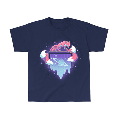 Classic Cotton T-shirt_TeeTurtle navy blue Vaporwave Kitsune apparel featuring a kitsune leaping over a computer window pop-up with a ringed planet in it in a vaporwave aesthetic.