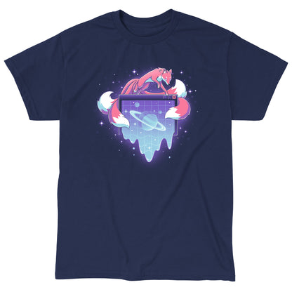 Classic Cotton T-shirt_TeeTurtle navy blue Vaporwave Kitsune apparel featuring a kitsune leaping over a computer window pop-up with a ringed planet in it in a vaporwave aesthetic.