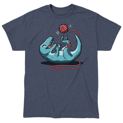 Classic Cotton T-shirt_TeeTurtle Velocikitty Heather Navy t-shirt featuring an illustration of a velociraptor laying on its back, entangled in red yarn, playing happily with a ball of yarn above it in the air.