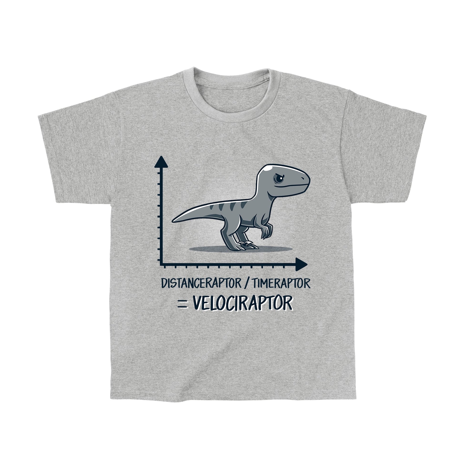 Classic Cotton T-shirt_TeeTurtle Velociraptor heather gray t-shirt featuring a velociraptor positioned above a graph with the y-axis labeled 'Distanceraptor' and the x-axis labeled 'Timeraptor,' suggesting the equation 'Distanceraptor / Timeraptor = Velociraptor.'