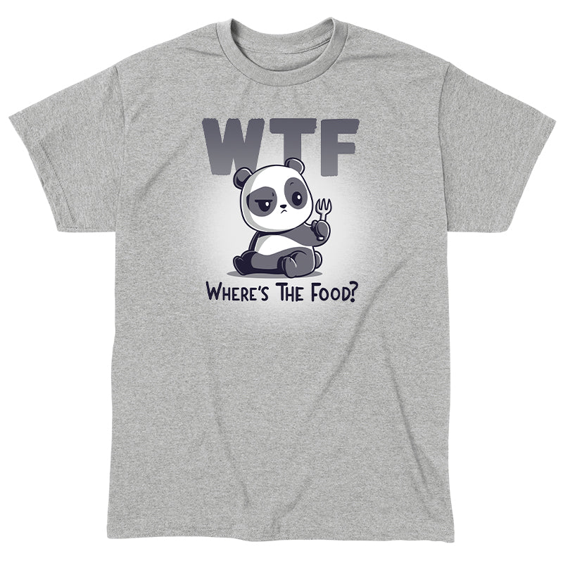 Classic Cotton T-shirt_TeeTurtle WTF heather gray t-shirt featuring a sad panda sitting and holding a food fork looking confused, with the text "WTF" in large letters above, and the explanation "Where's The Food?" in smaller letters below the panda. 