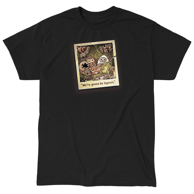 Classic Cotton T-shirt_TeeTurtle We're Gonna Be Legends black t-shirt featuring an illustration of a vintage polaroid photo showing a group picture with various mythical creatures in a woodland setting. "We're gonna be legends" is written underneath.