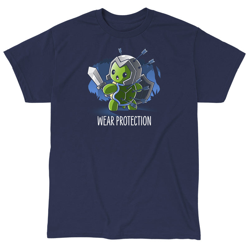 Classic Cotton T-shirt_TeeTurtle Wear Protection navy blue t-shirt featuring a green turtle holding a sword and shield and wearing a helmet looking worried with arrows protruding from it's helmet and shell. "WEAR PROTECTION" is written underneath, and the background is dark navy blue, with stylized, shadowy images of trees in the background.