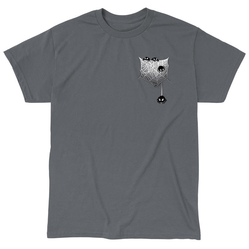 Classic Cotton T-shirt_TeeTurtle Webbed Pocket charcoal gray t-shirt featuring four little spiders crawling on a spider web on the right side chest