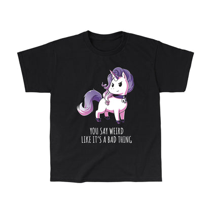 Classic Cotton T-shirt_TeeTurtle black Weird Is Good. Featuring a unicorn with goth accessories.