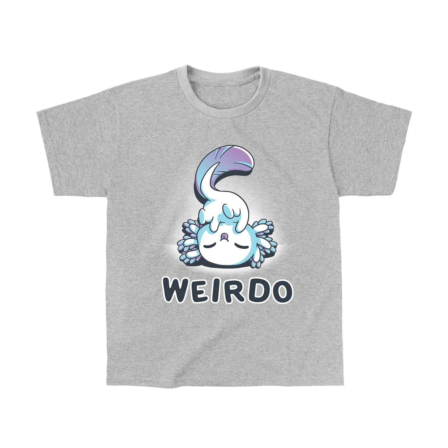 Classic Cotton T-shirt_TeeTurtle Weirdo Heather Gray t-shirt featuring an axolotl with a fluffy tail sticking their tongue out