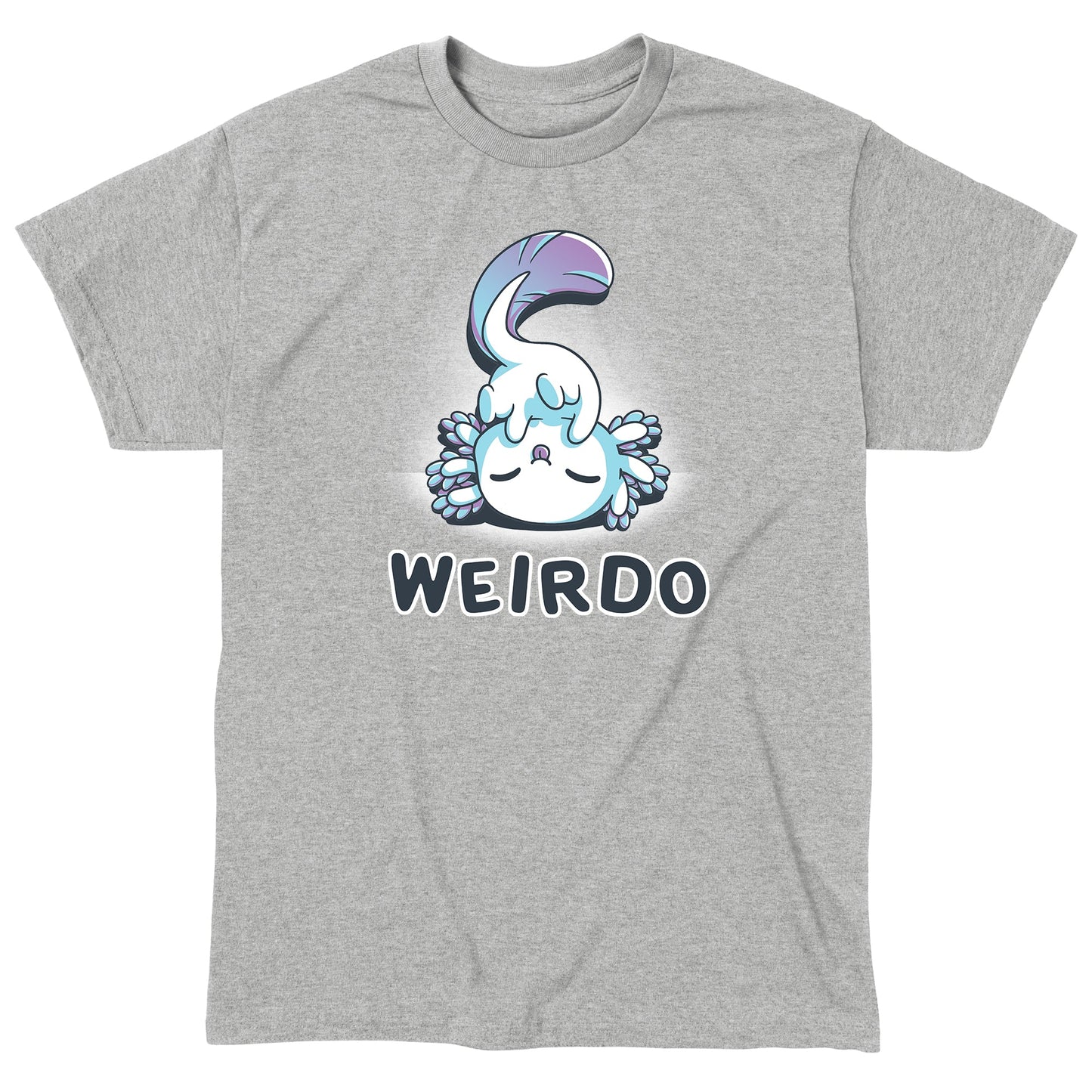 Classic Cotton T-shirt_TeeTurtle Weirdo Heather Gray t-shirt featuring an axolotl with a fluffy tail sticking their tongue out