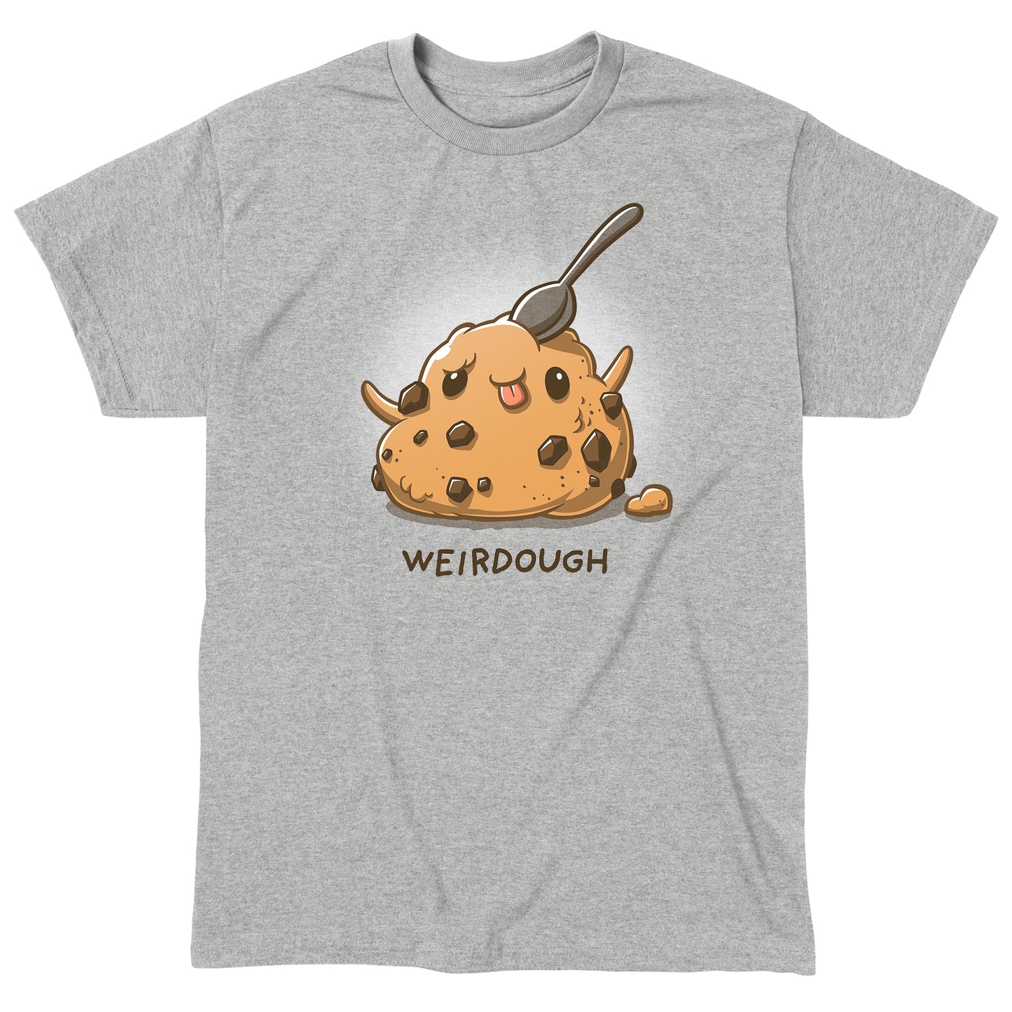 Classic Cotton T-shirt_TeeTurtle Weirdough heather gray t-shirt featuring an illustration of a ball of cookie dough with its tongue out and arms up making a silly face with a spoon sticking out on top. "WEIRDOUGH" is written underneath.