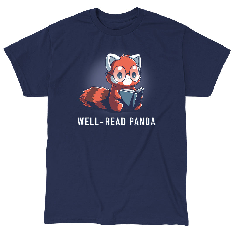 Classic Cotton T-shirt_TeeTurtle Well-Read Panda navy blue t-shirt featuring a red panda wearing glasses and reading a book.