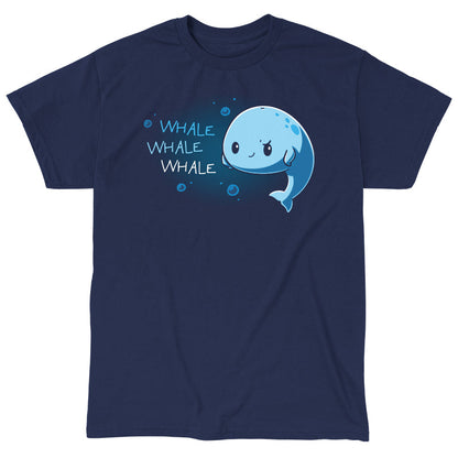 Classic Cotton T-shirt_Teeturtle Whale Whale Whale navy blue t-shirt featuring a cute, smug whale floating in the ocean with their fins on their sides with 'Whale, Whale, Whale.' written next to them.