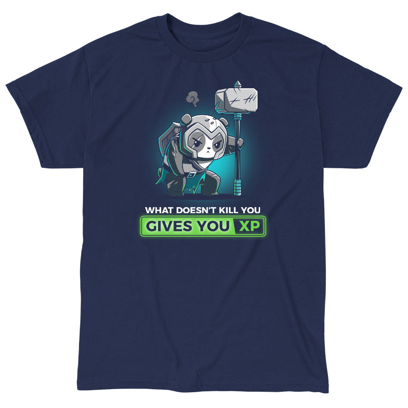 Classic Cotton T-shirt_TeeTurtle What Doesn’t Kill You Gives You XP navy blue t-shirt featuring a battle-worn, armored panda with a war hammer.