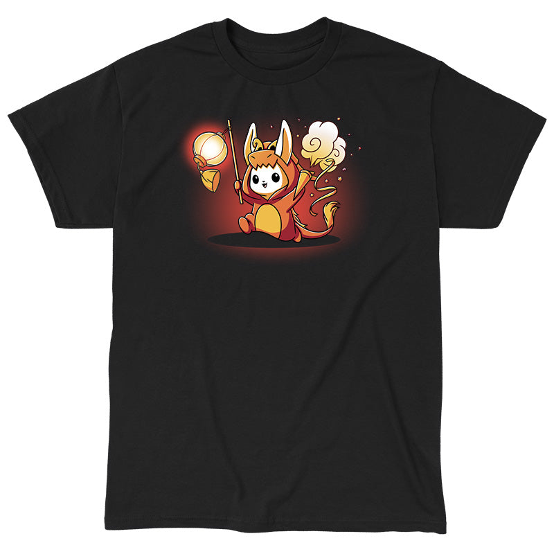 Classic Cotton T-shirt_TeeTurtle Year of the Dragon Kigurumi black t-shirt featuring a white bunny dressed in an orange dragon costume while holding party favors surrounded by orange stars.