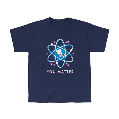 Classic Cotton T-shirt_TeeTurtle You Matter navy blue t-shirt featuring a cat hugging a heart, surrounded by an atomic structure.