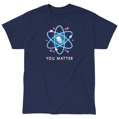 Classic Cotton T-shirt_TeeTurtle You Matter navy blue t-shirt featuring a cat hugging a heart, surrounded by an atomic structure.