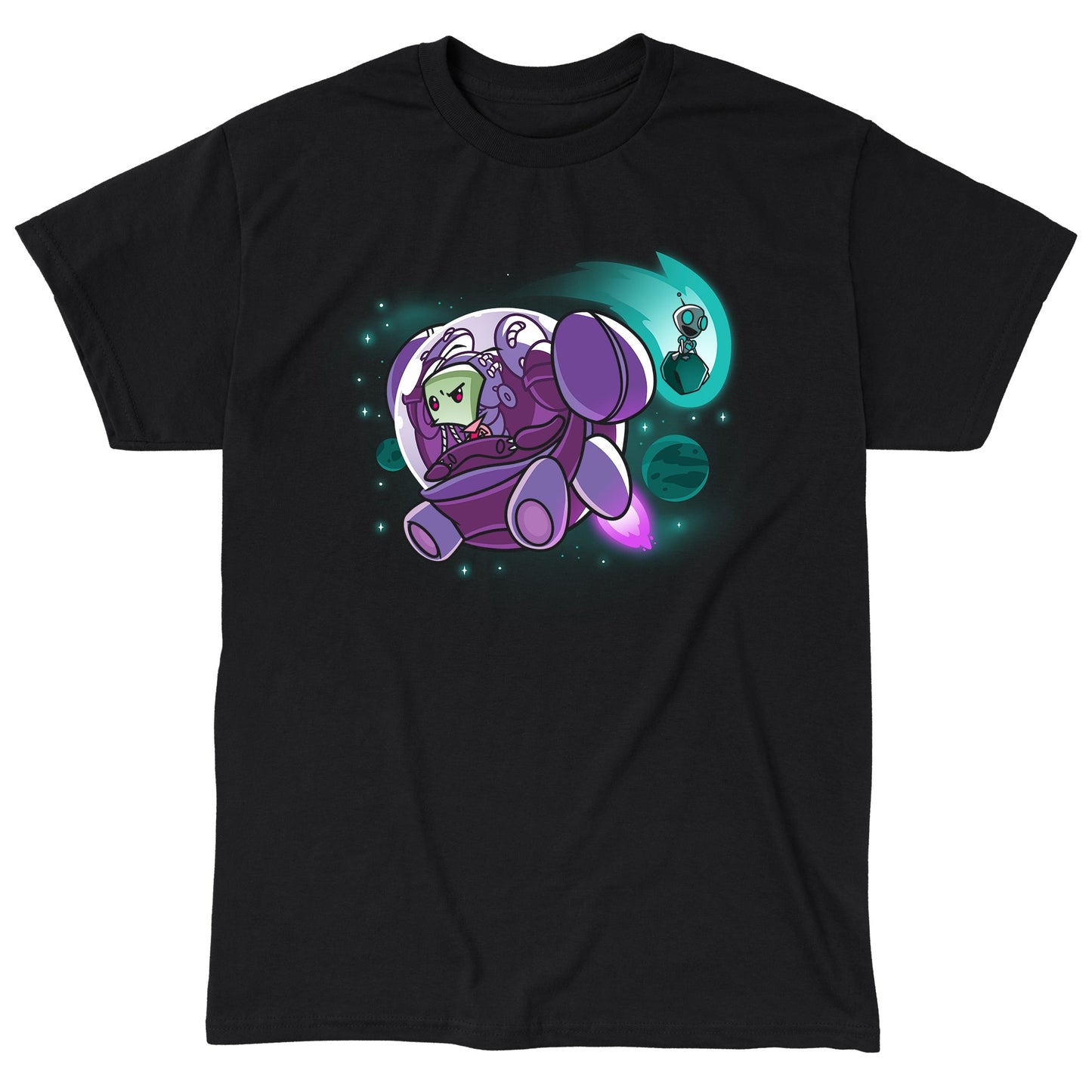 Classic Cotton T-shirt_TeeTurtle black Zim and Gir in Space apparel featuring Zim in a spaceship, and Gir sitting on an asteroid with planets in the background.