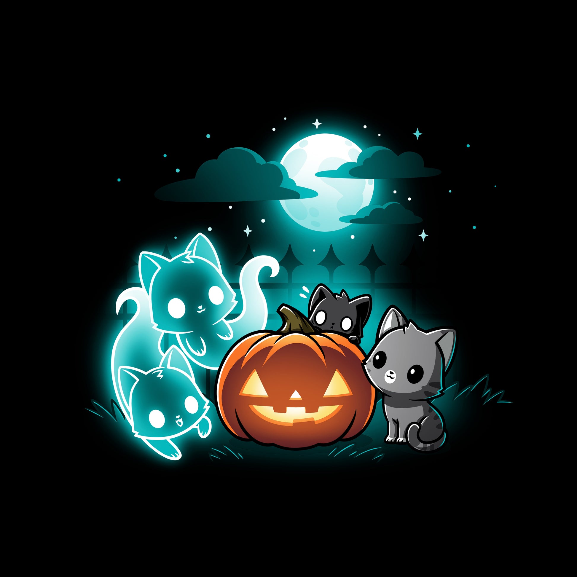 Classic Cotton T-shirt_TeeTurtle Spurrits of Halloween black t-shirt featuring two dark and dangerous ghost cats next to two grey cats watching them. They are surrounding a jack-o-lantern and there is a full moon with clouds behind them.