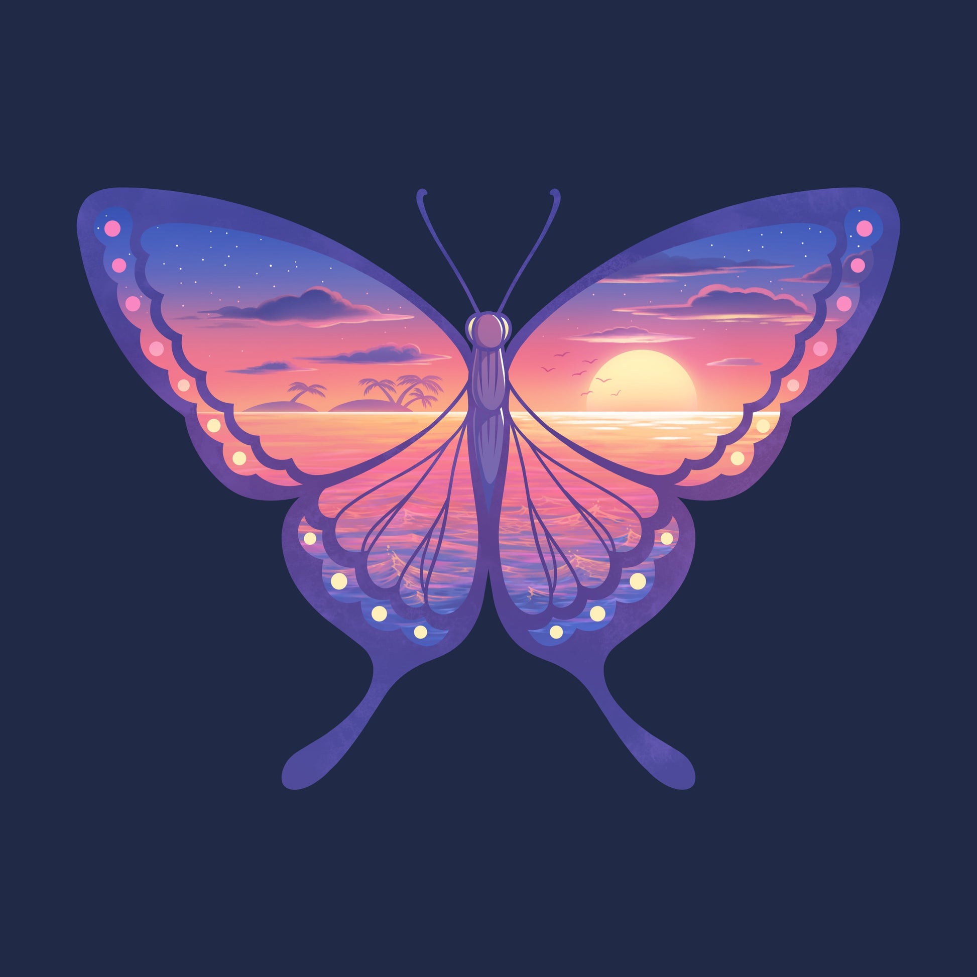 Classic Cotton T-shirt_TeeTurtle navy blue Sunset Butterfly. Featuring a butterfly with a sunset ocean landscape on its wings.