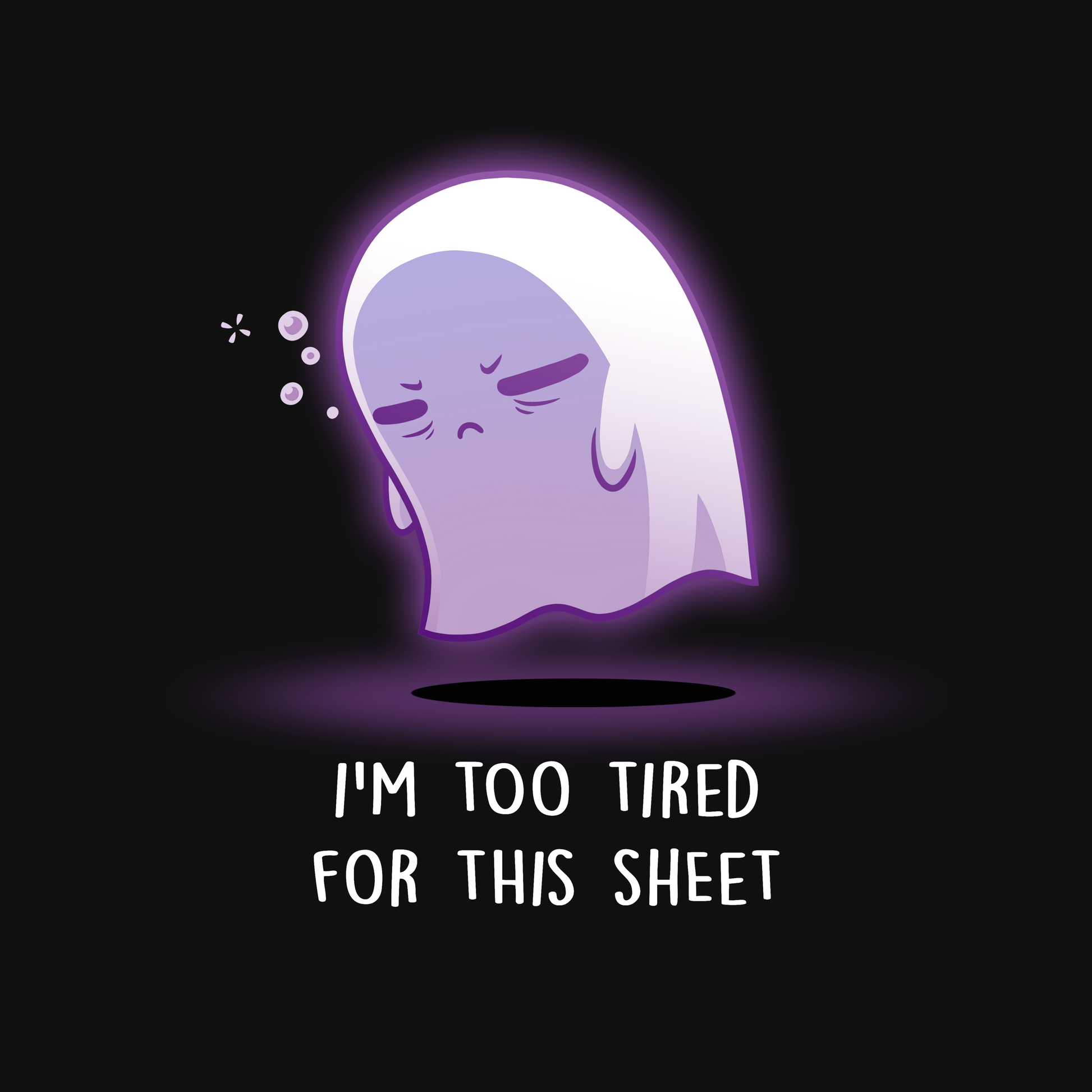 Classic Cotton T-shirt_TeeTurtle I'm Too Tired For This Sheet black t-shirt featuring a tired looking purple ghost