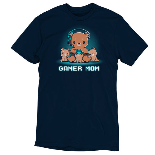 Premium Cotton T-shirt_TeeTurtle Gamer Mom navy blue t-shirt featuring a mama bear playing video games surrounded by her cubs.