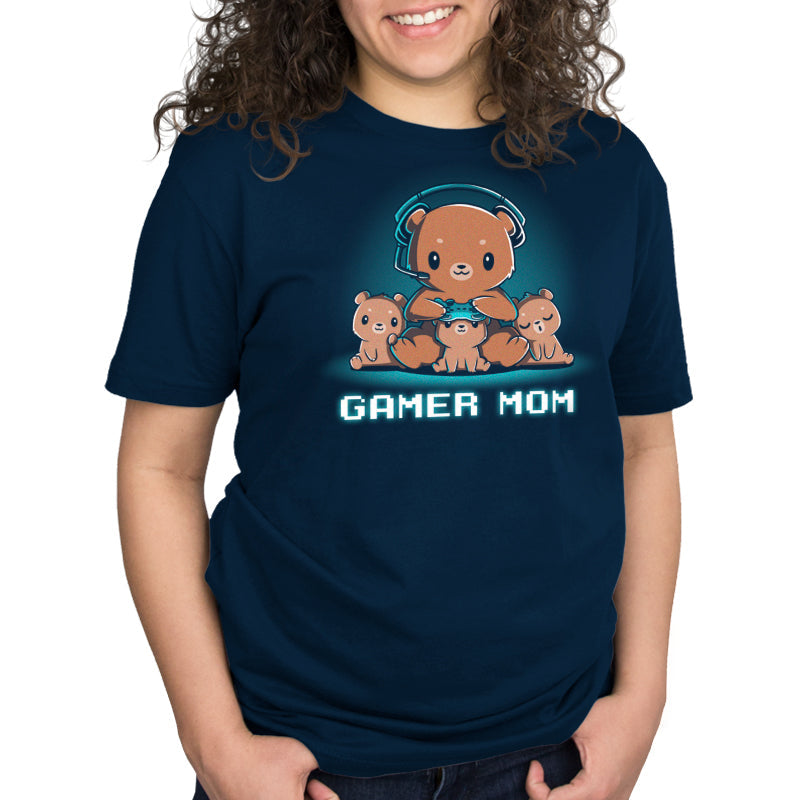 Premium Cotton T-shirt_TeeTurtle Gamer Mom navy blue t-shirt featuring a mama bear playing video games surrounded by her cubs.