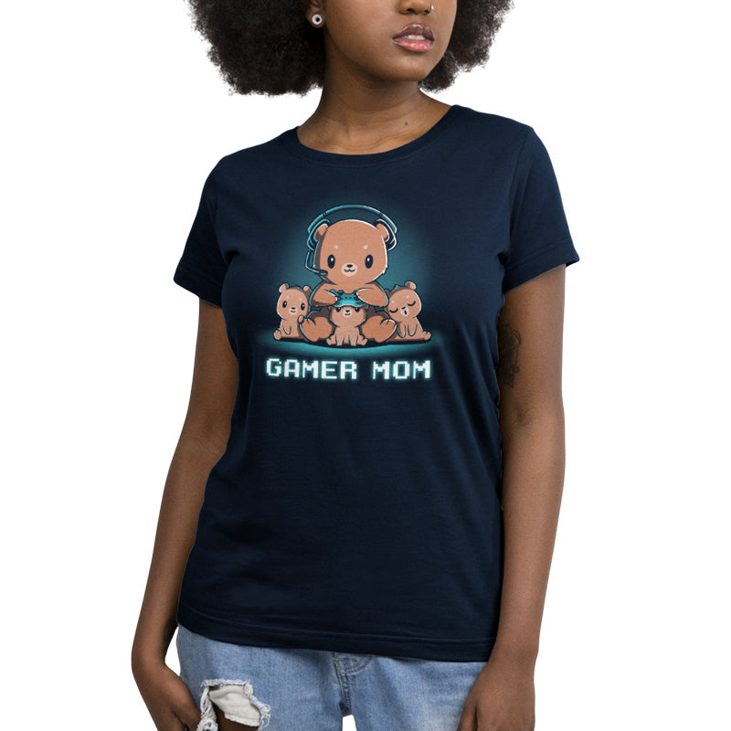 Premium Cotton T-shirt_TeeTurtle Gamer Mom navy blue t-shirt featuring a mama bear playing video games surrounded by her cubs.