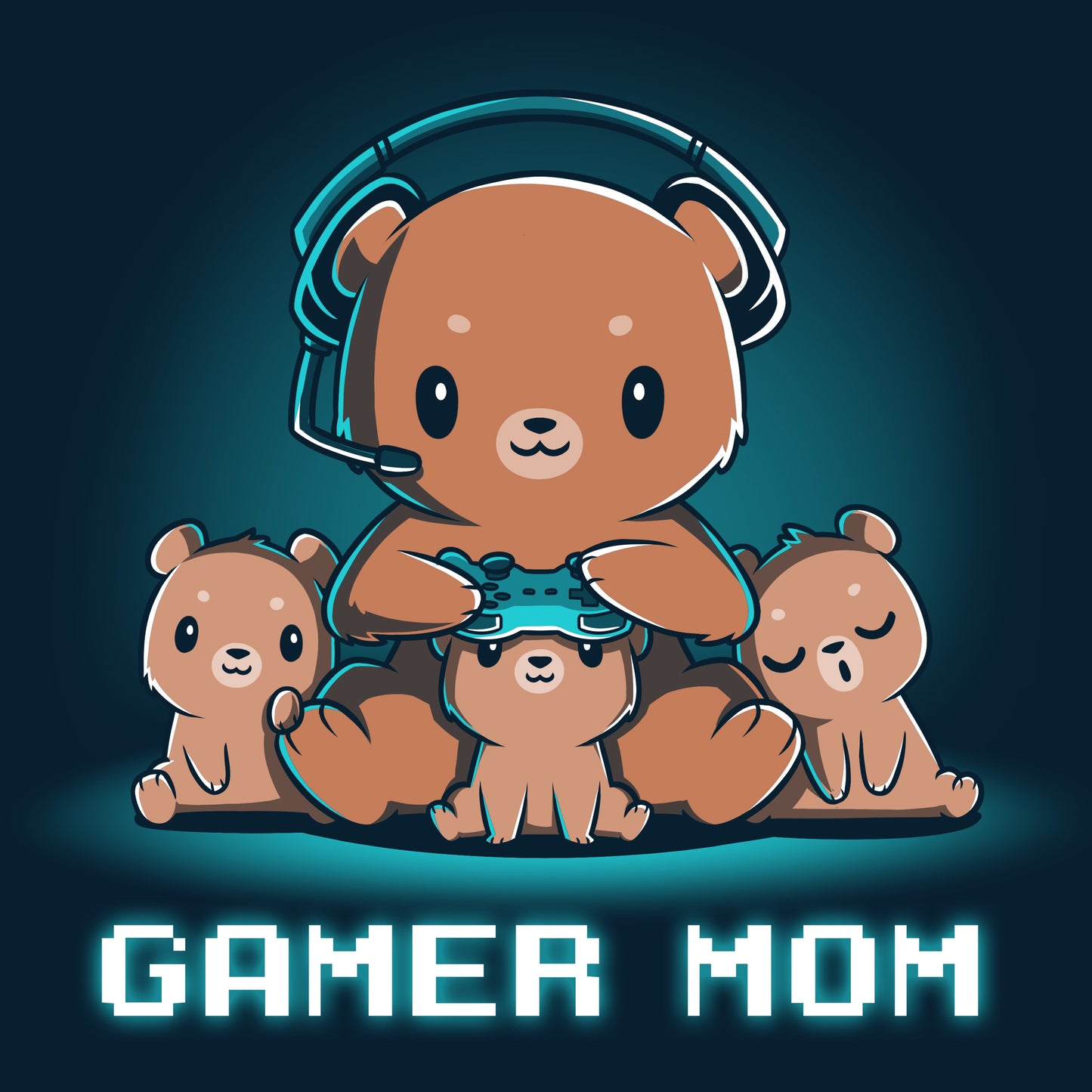 Premium Cotton T-shirt_TeeTurtle Gamer Mom navy blue t-shirt featuring a mama bear playing video games surrounded by her cubs.