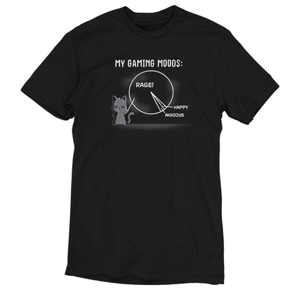 Premium Cotton T-shirt_Teeturtle Gaming Moods black t-shirt featuring a gray-furred cat with a pointing stick pointing to a pie chart that is mostly 'RAGE' with 'Happy' and 'Anxious' as much smaller parts of the chart and 'My Gaming Moods:' written above.