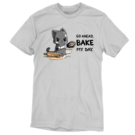 Premium Cotton T-shirt_TeeTurtle Go Ahead Bake My Day Silver Gray t-shirt featuring An angry cartoon cat holding a whisk and covered in dough stands next to a messy rolling pin and bowl with the text 